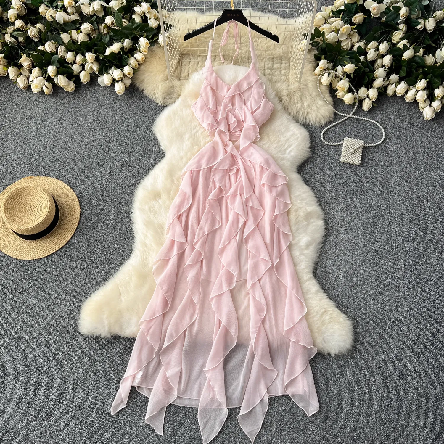 - Pink irregular ruffled holiday fairy dress GEU1101