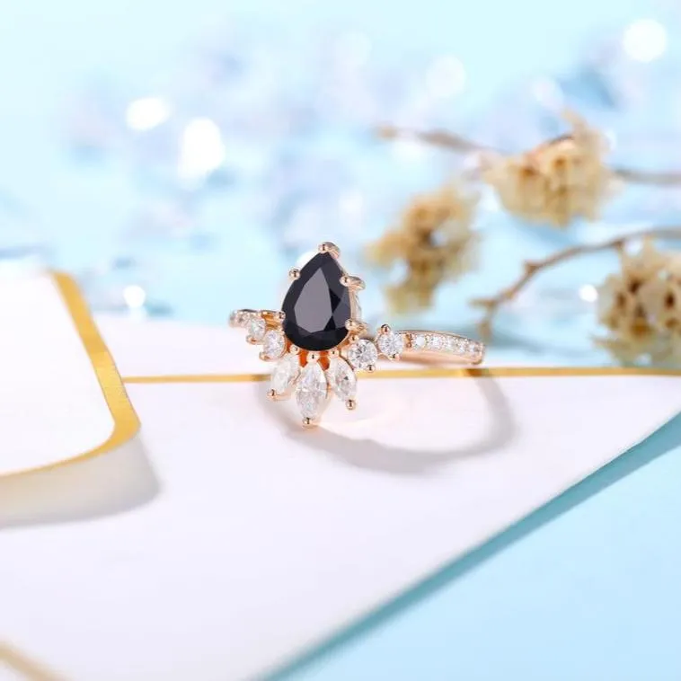 14K Rose Gold Pear Cut Onyx Cocktail Ring