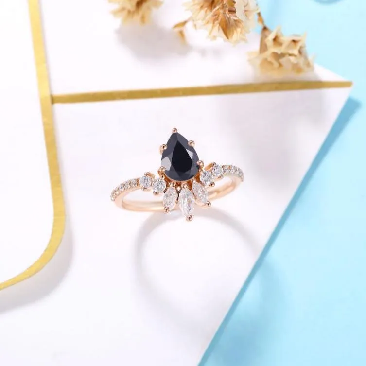 14K Rose Gold Pear Cut Onyx Cocktail Ring