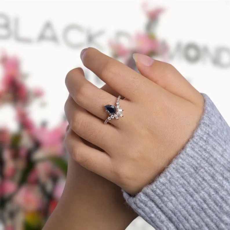 14K Rose Gold Pear Cut Onyx Cocktail Ring