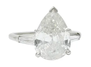 1950's Mid-Century 4.39 CTW Pear Cut Diamond Platinum Engagement Ring GIA