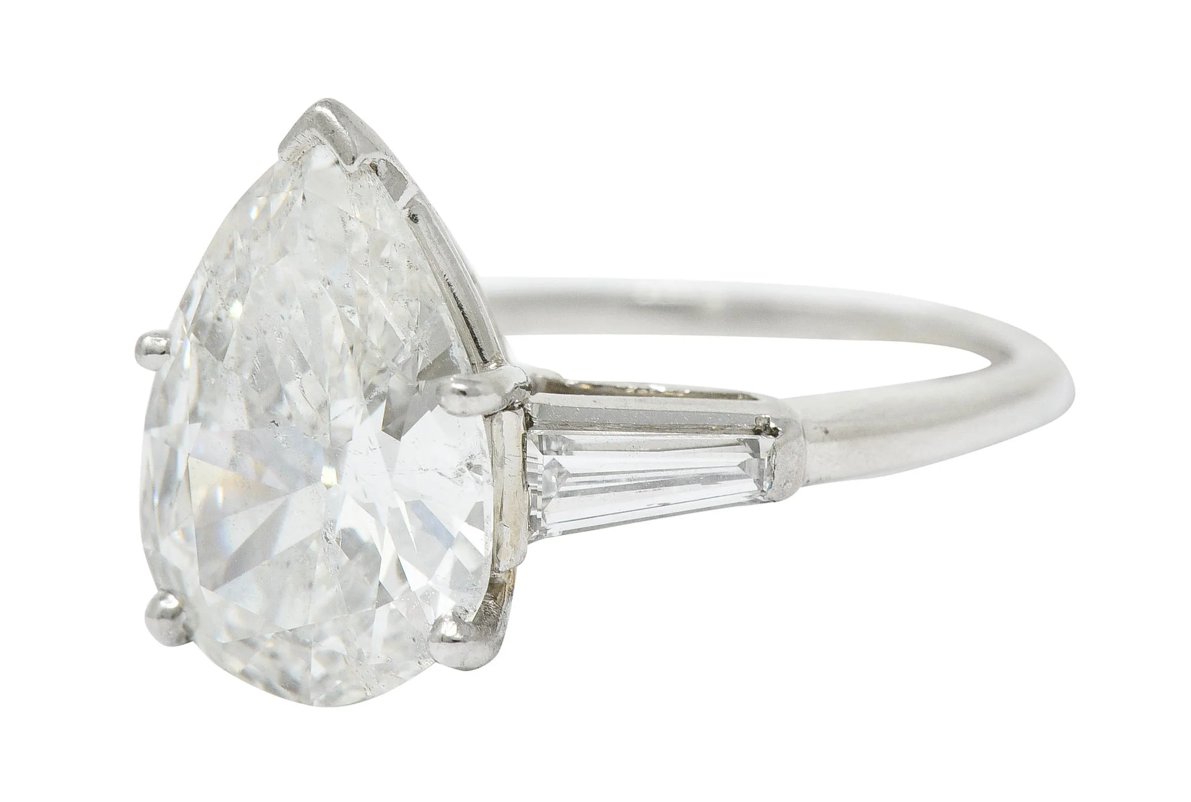1950's Mid-Century 4.39 CTW Pear Cut Diamond Platinum Engagement Ring GIA