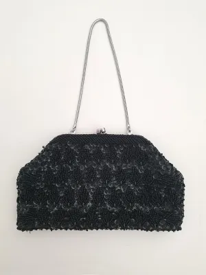 1960s Black Beaded Purse with Silver Tone Chain