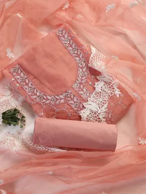 3 Pc Unstitched Suit SET - Pink Beaded and Embroidered Organza Kurta and Border Dupatta with Cotton Pyjama