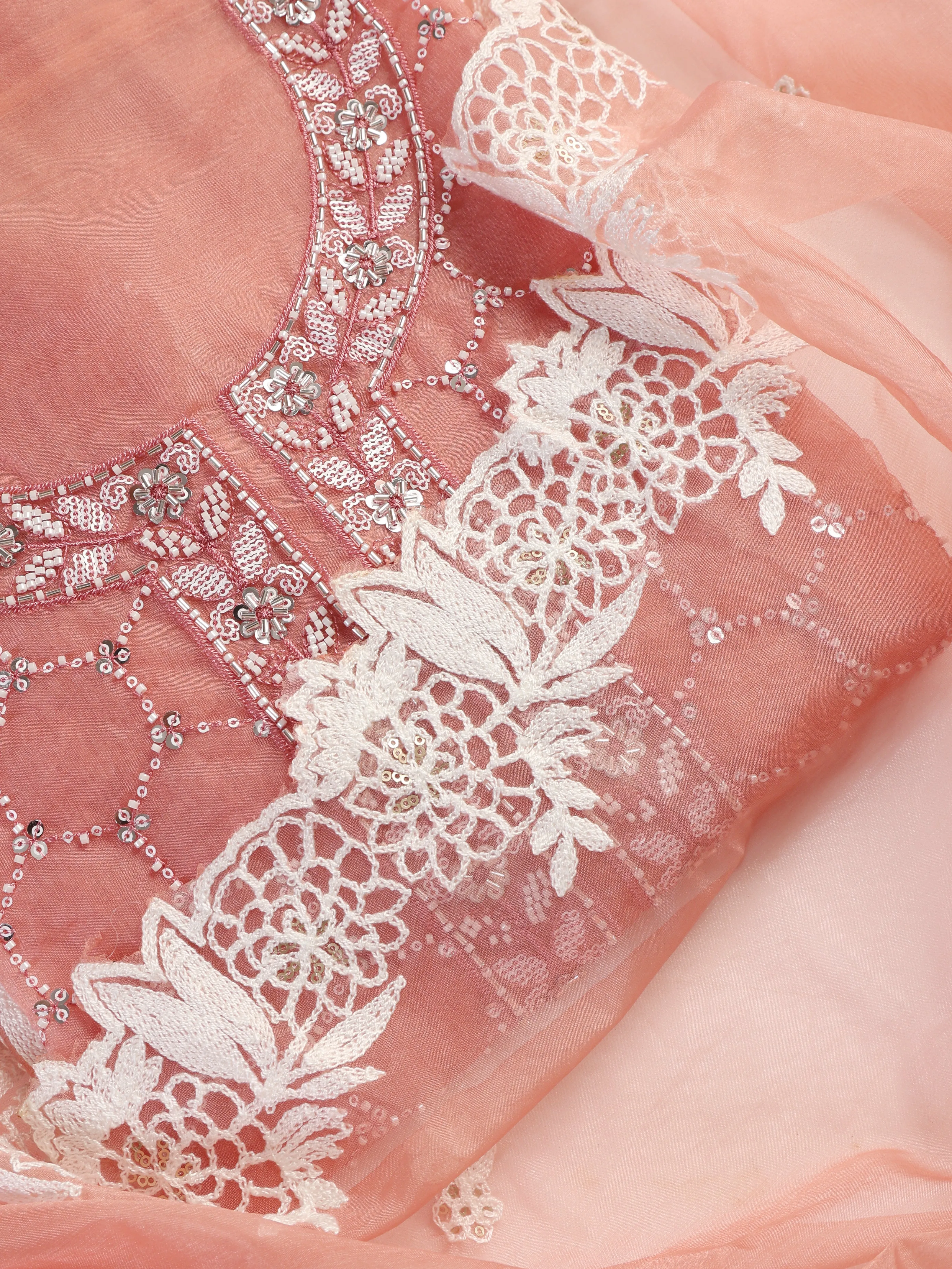 3 Pc Unstitched Suit SET - Pink Beaded and Embroidered Organza Kurta and Border Dupatta with Cotton Pyjama