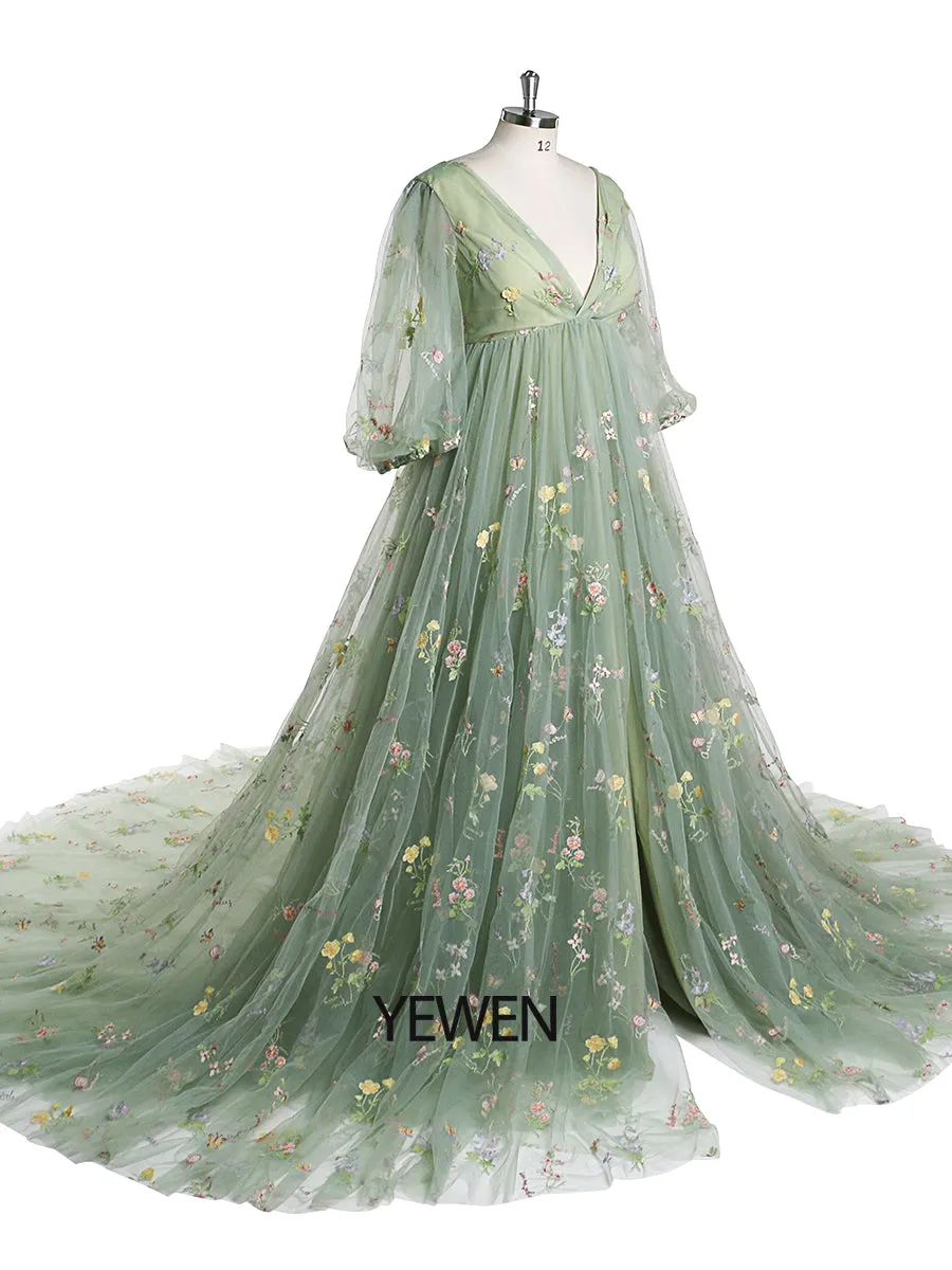 60cm Train Embroidery Tulle Maternity Dress High Waist Ladies Beach Dress YEWEN YW220324-1