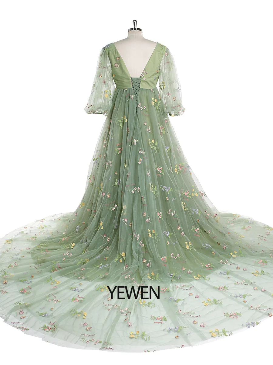 60cm Train Embroidery Tulle Maternity Dress High Waist Ladies Beach Dress YEWEN YW220324-1