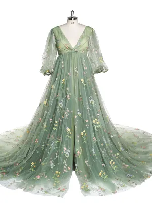 60cm Train Embroidery Tulle Maternity Dress High Waist Ladies Beach Dress YEWEN YW220324-1