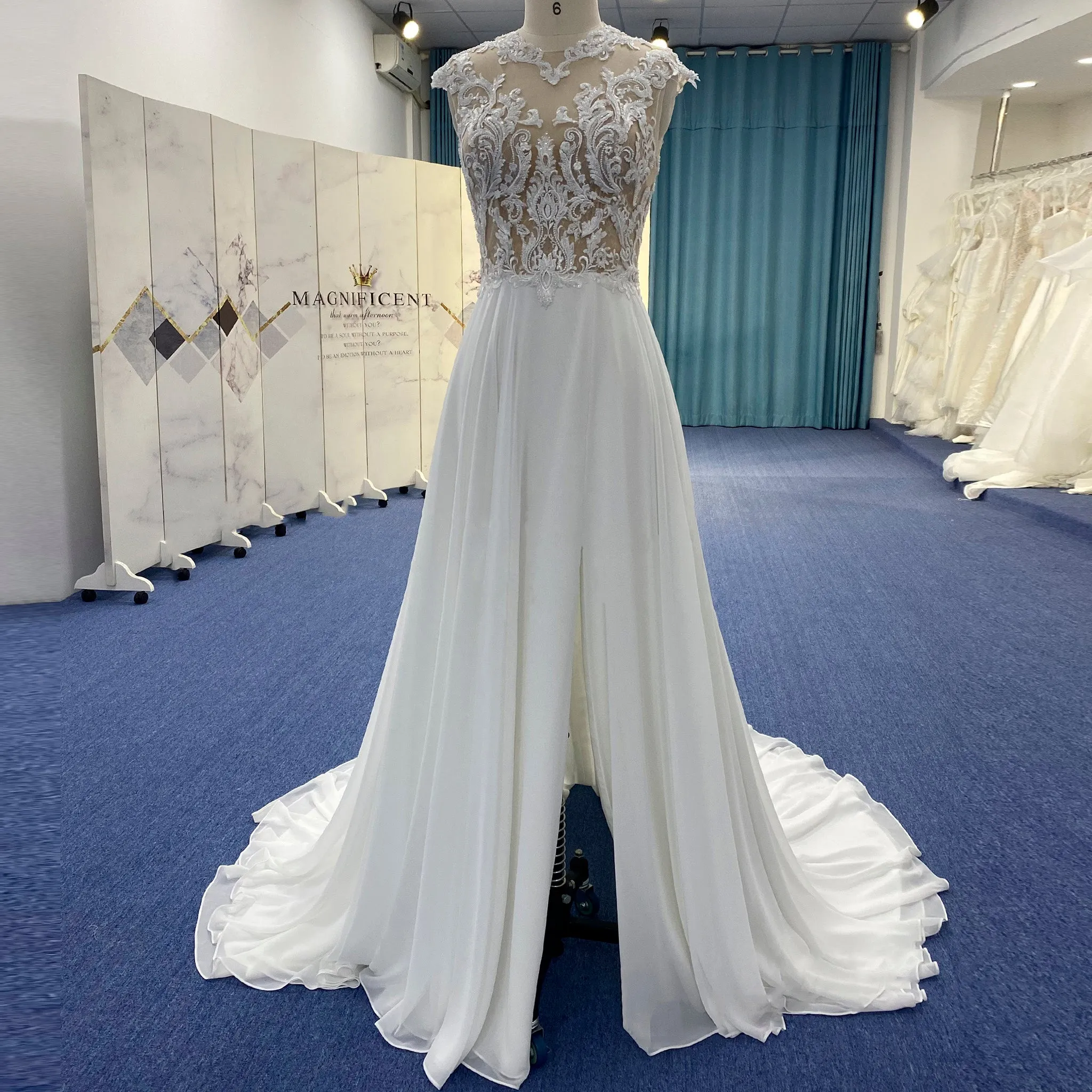 A-line Chiffon and Sheer Lace Bodice Wedding Dress with Slit