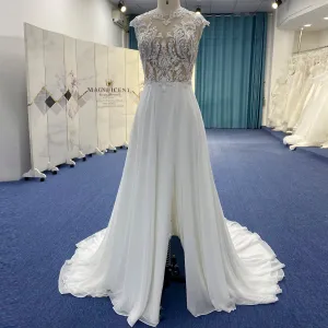A-line Chiffon and Sheer Lace Bodice Wedding Dress with Slit