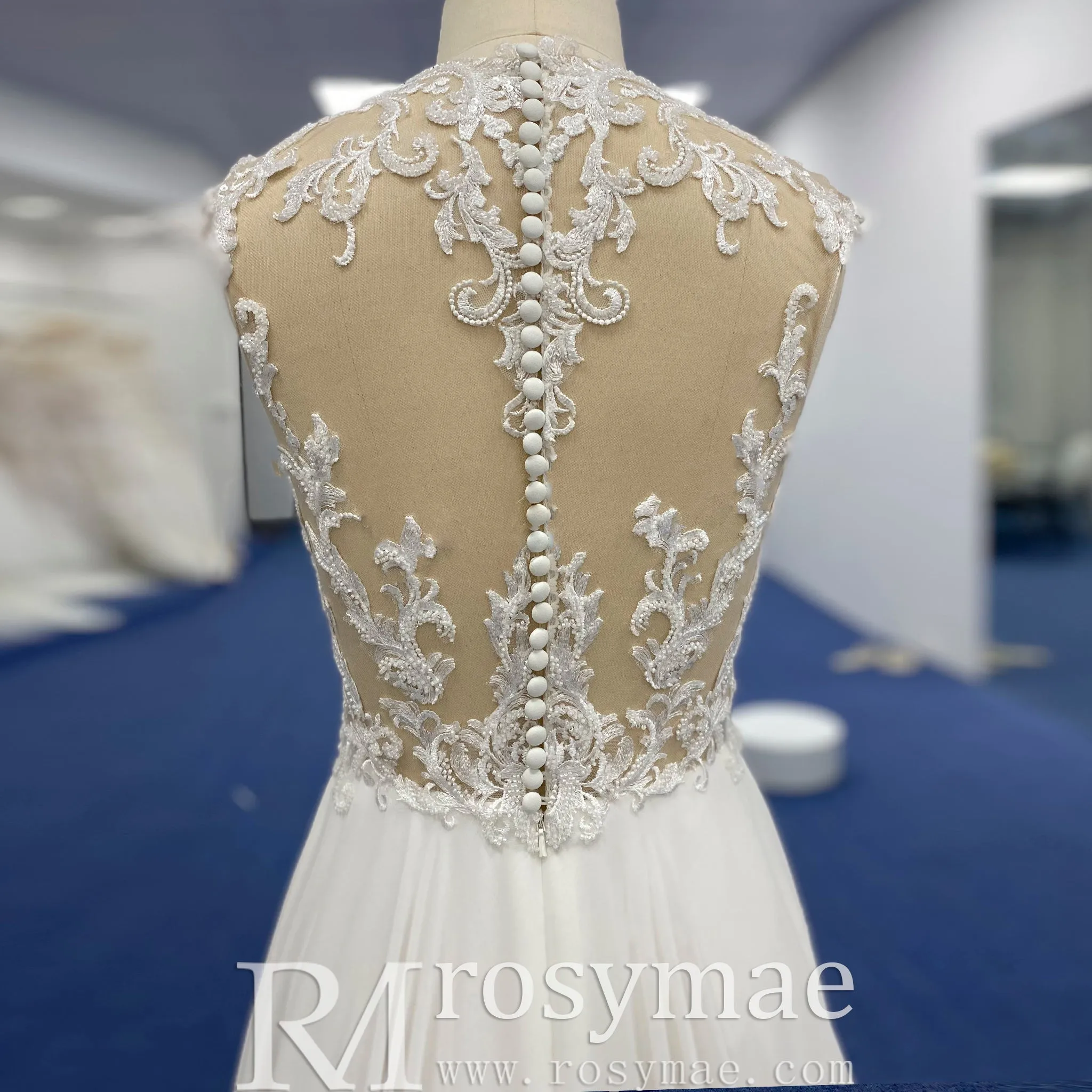 A-line Chiffon and Sheer Lace Bodice Wedding Dress with Slit