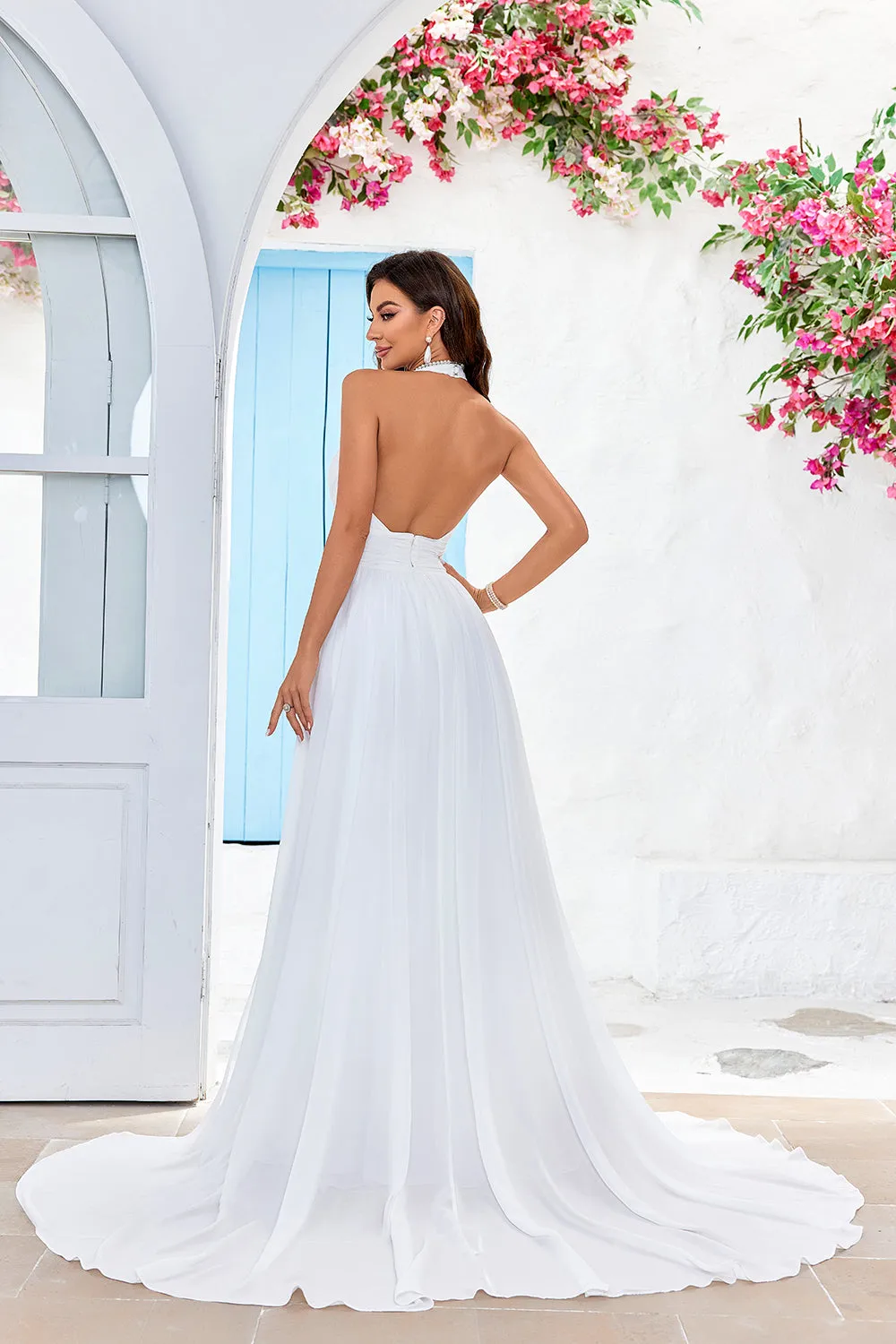 A-Line Halter Ivory Sweep Train Wedding Dress with Split Front
