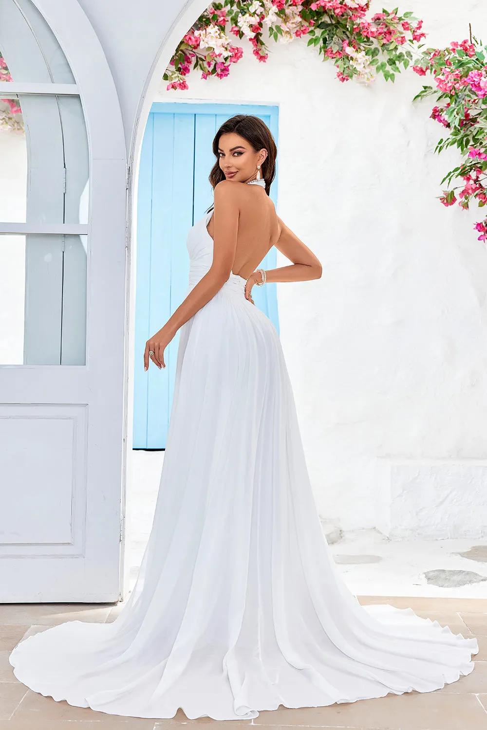 A-Line Halter Ivory Sweep Train Wedding Dress with Split Front