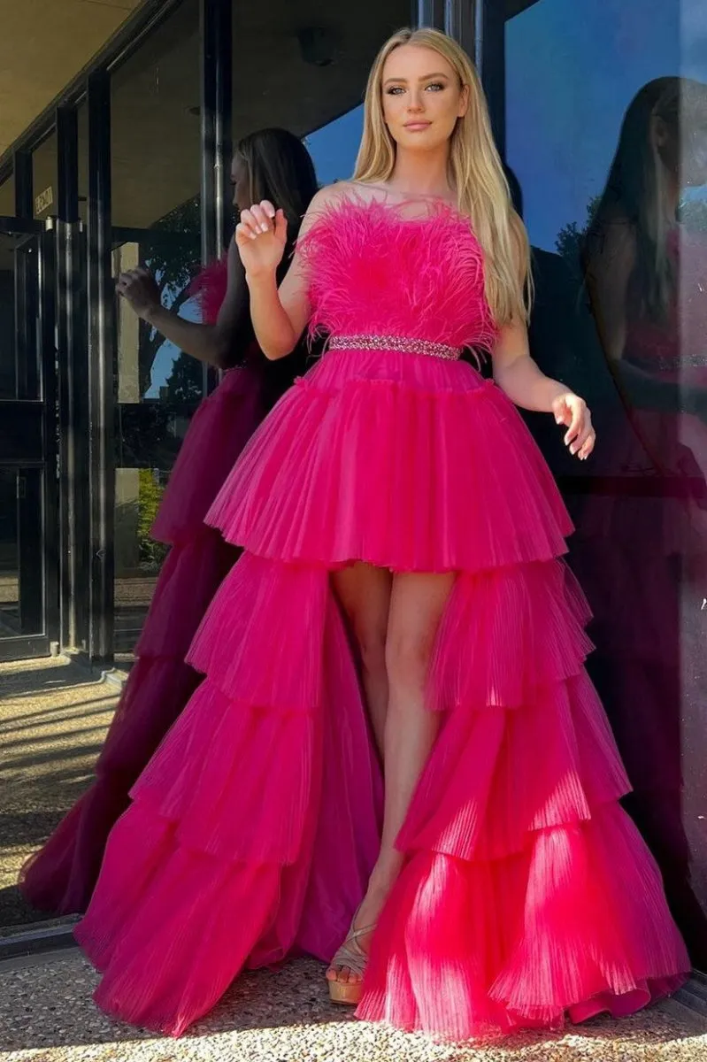 A-line High-Low Strapless Ruffled Tulle Prom Dresses with Feathers