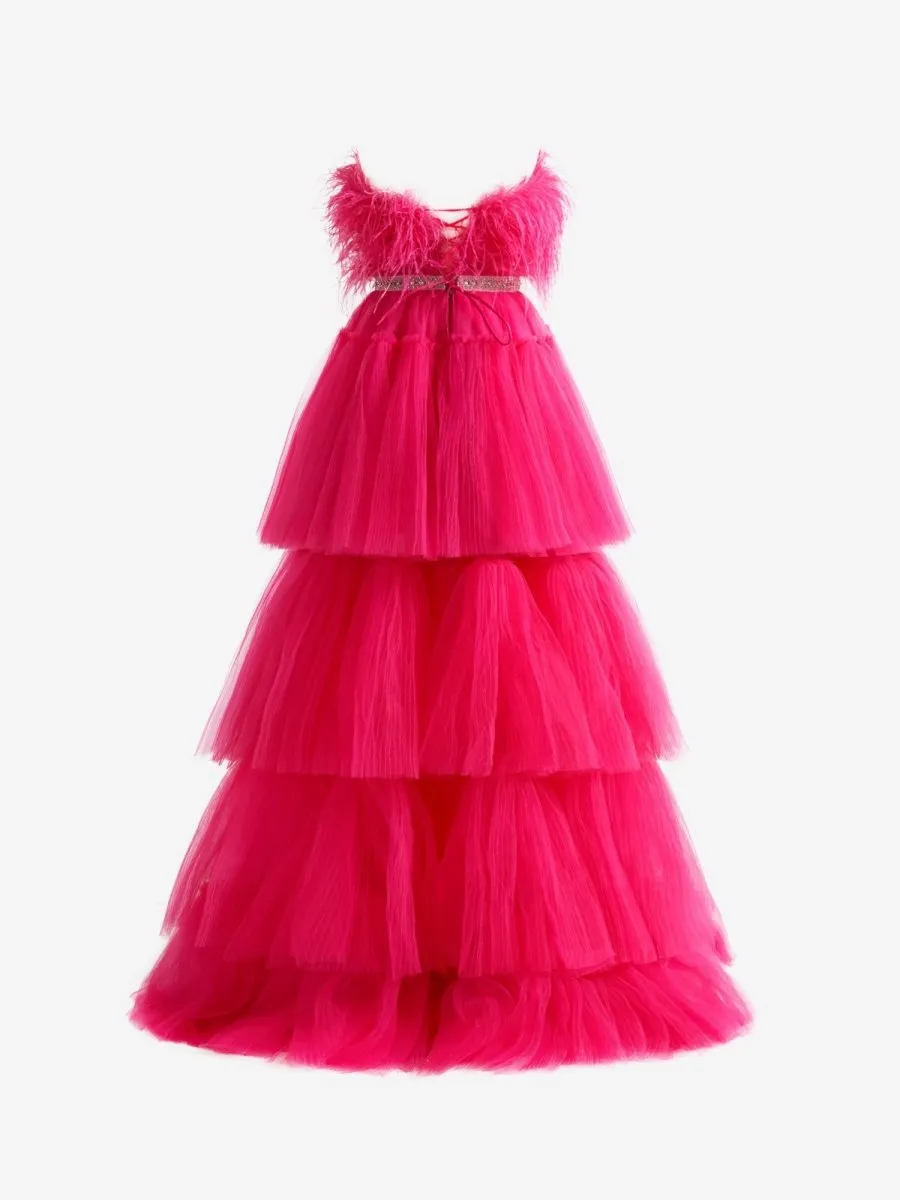 A-line High-Low Strapless Ruffled Tulle Prom Dresses with Feathers