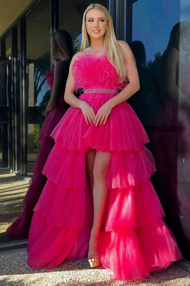 A-line High-Low Strapless Ruffled Tulle Prom Dresses with Feathers