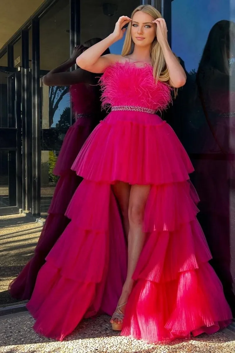 A-line High-Low Strapless Ruffled Tulle Prom Dresses with Feathers