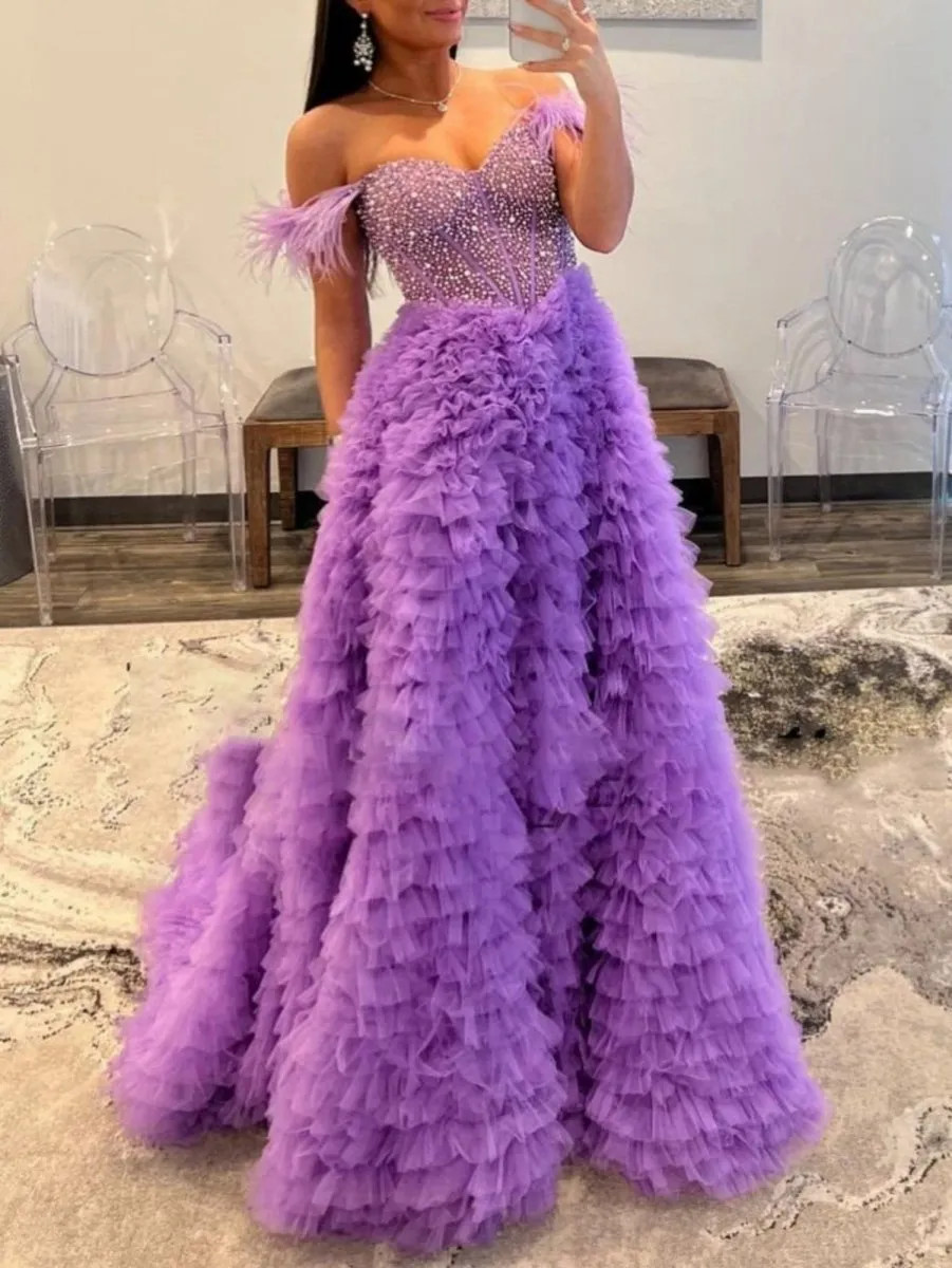 A-line Off the Shoulder Tie Tulle Prom Dresses with Slit