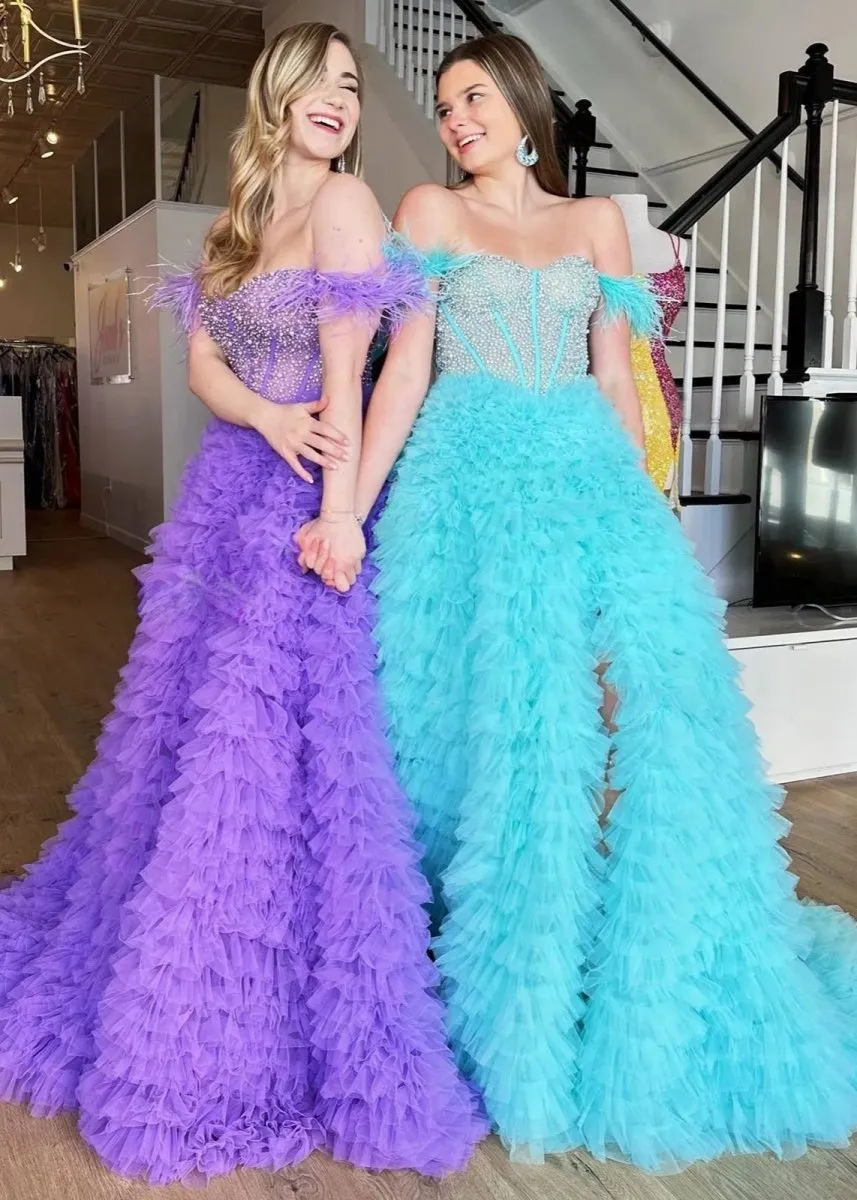A-line Off the Shoulder Tie Tulle Prom Dresses with Slit