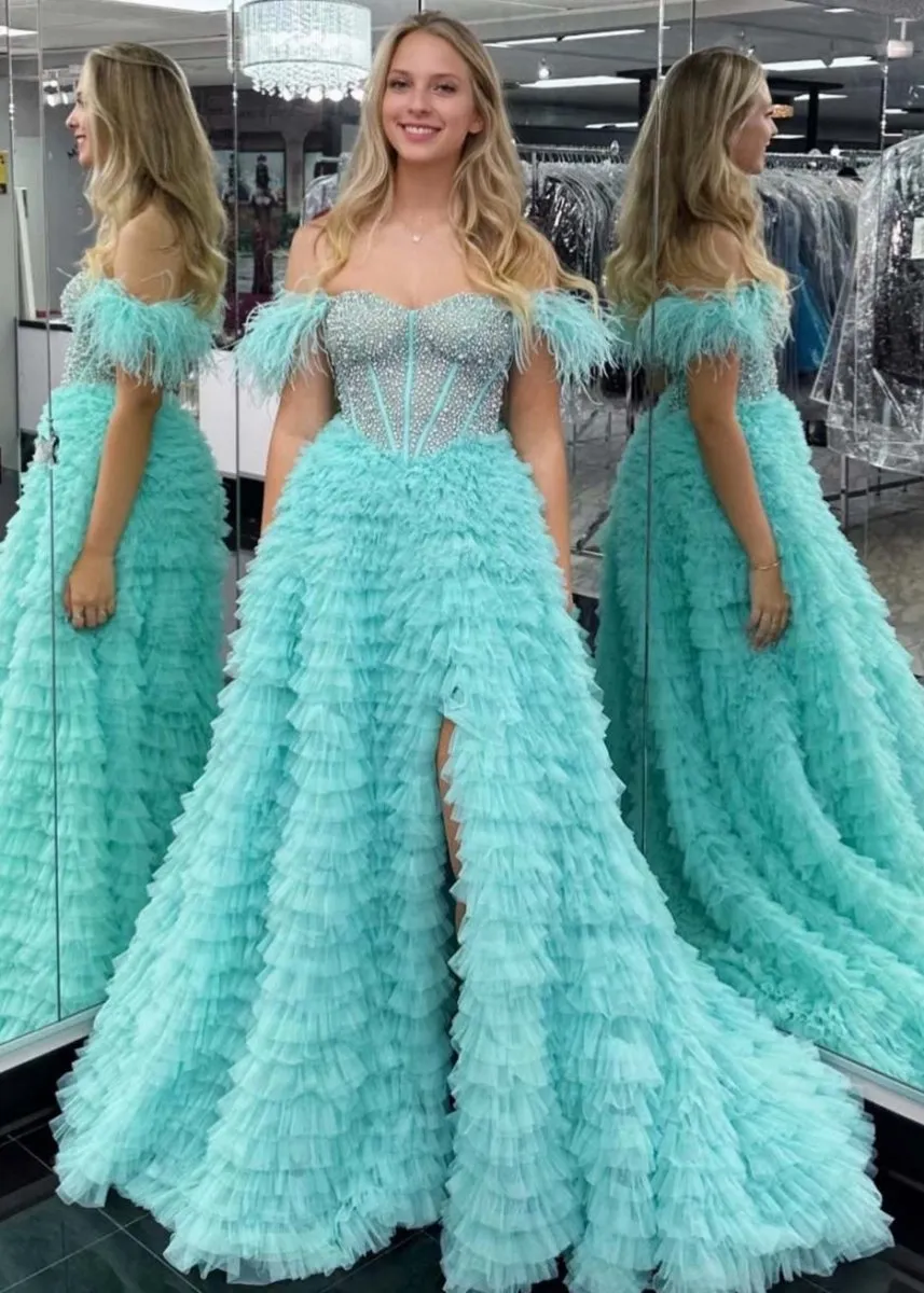 A-line Off the Shoulder Tie Tulle Prom Dresses with Slit