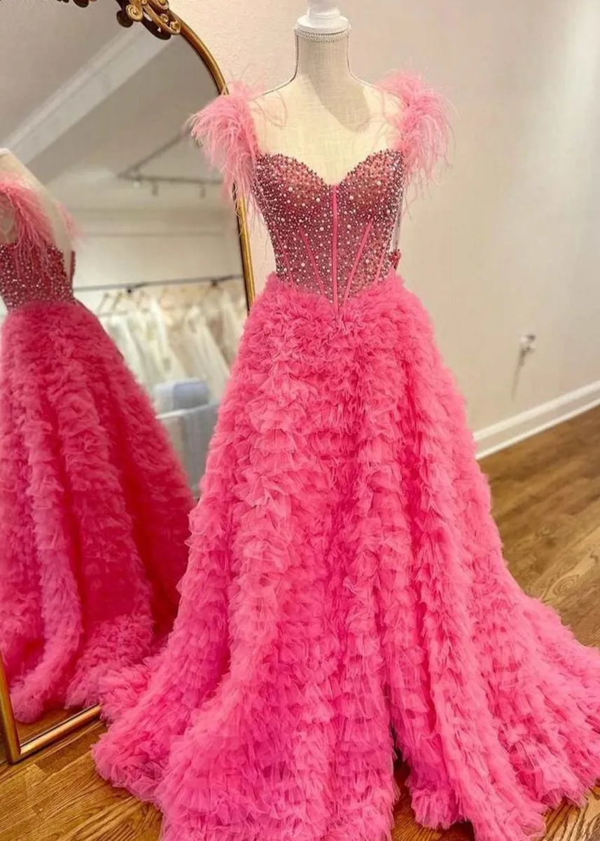 A-line Off the Shoulder Tie Tulle Prom Dresses with Slit