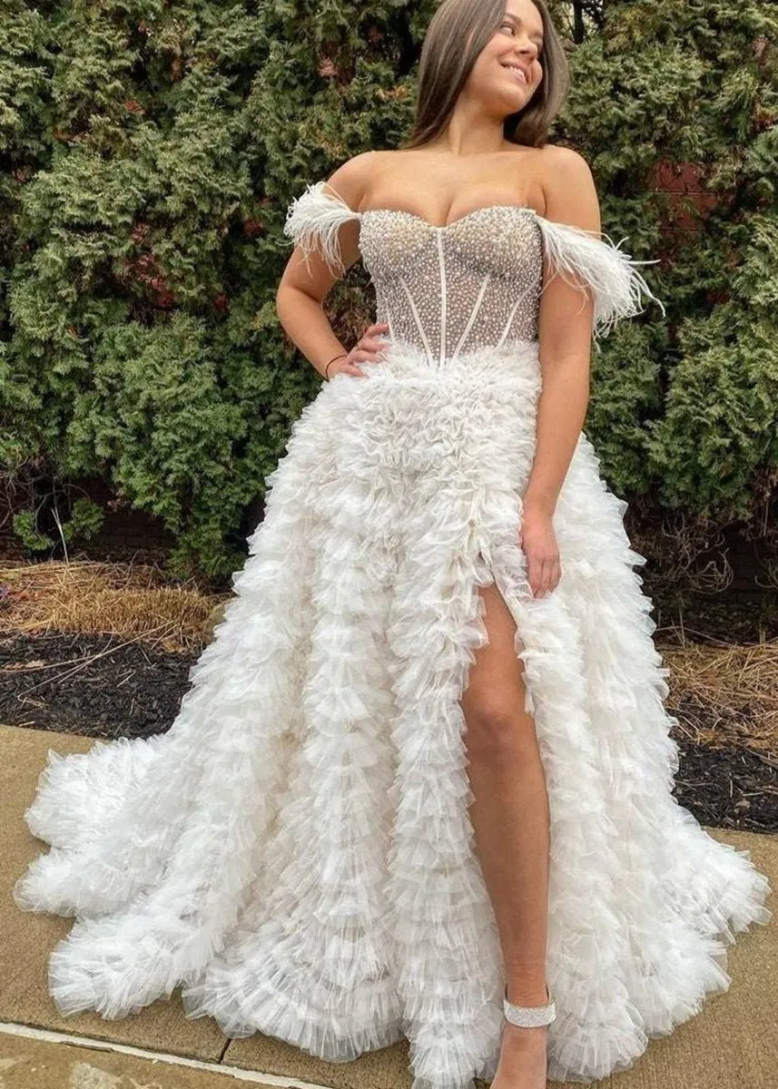 A-line Off the Shoulder Tie Tulle Prom Dresses with Slit