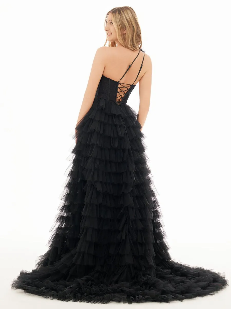 A-line One Shoulder Tie Long Prom Dresses
