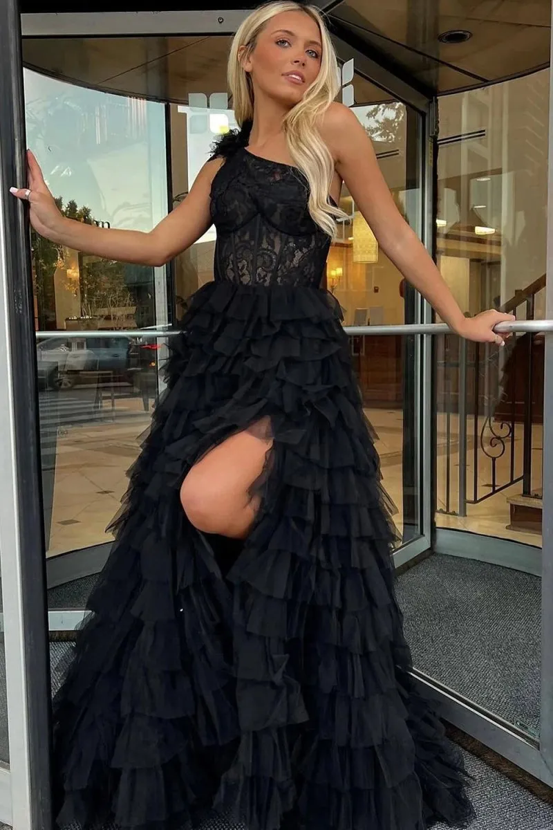 A-line One Shoulder Tie Long Prom Dresses