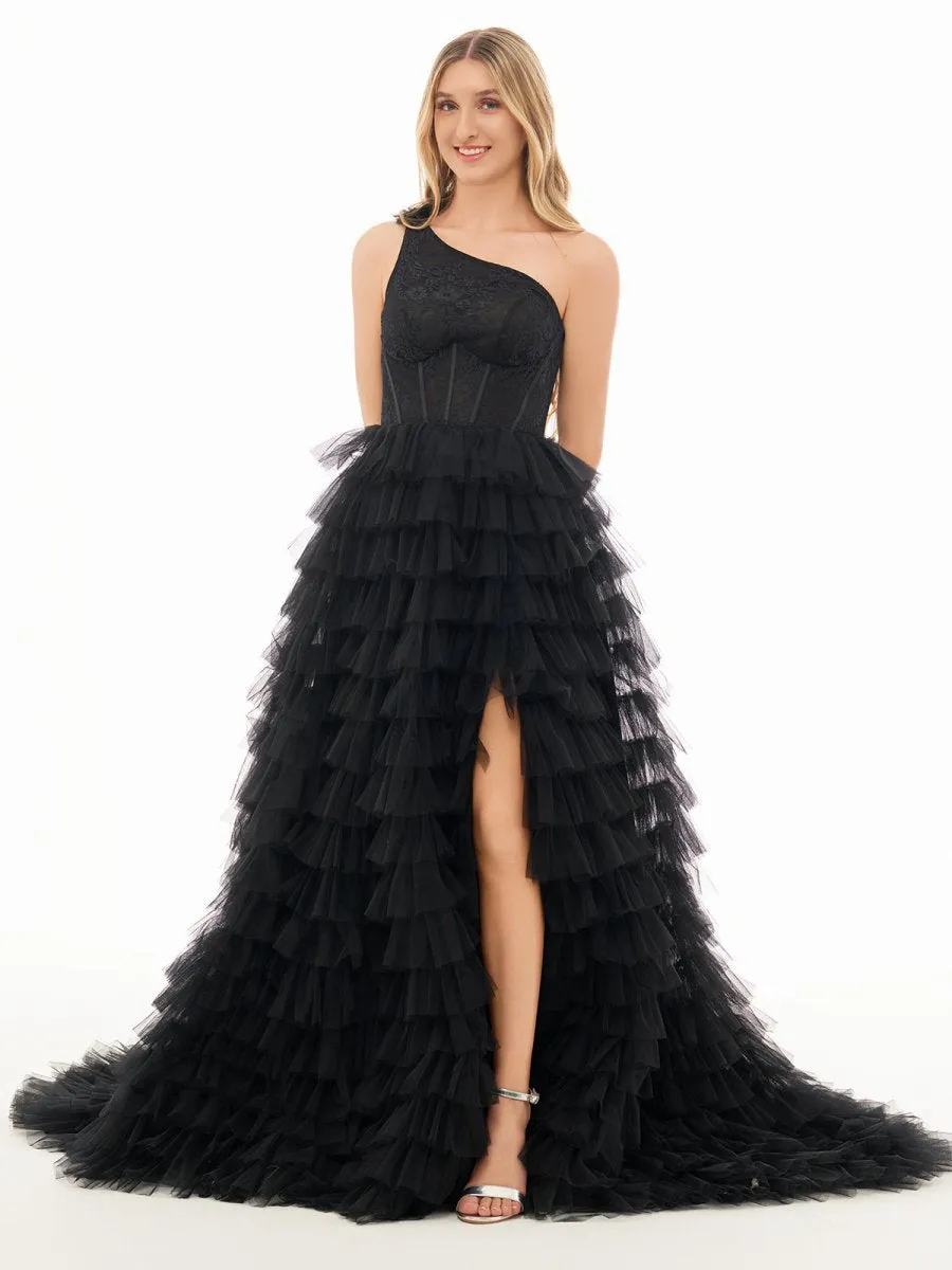 A-line One Shoulder Tie Long Prom Dresses
