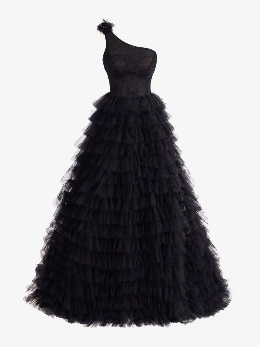 A-line One Shoulder Tie Long Prom Dresses