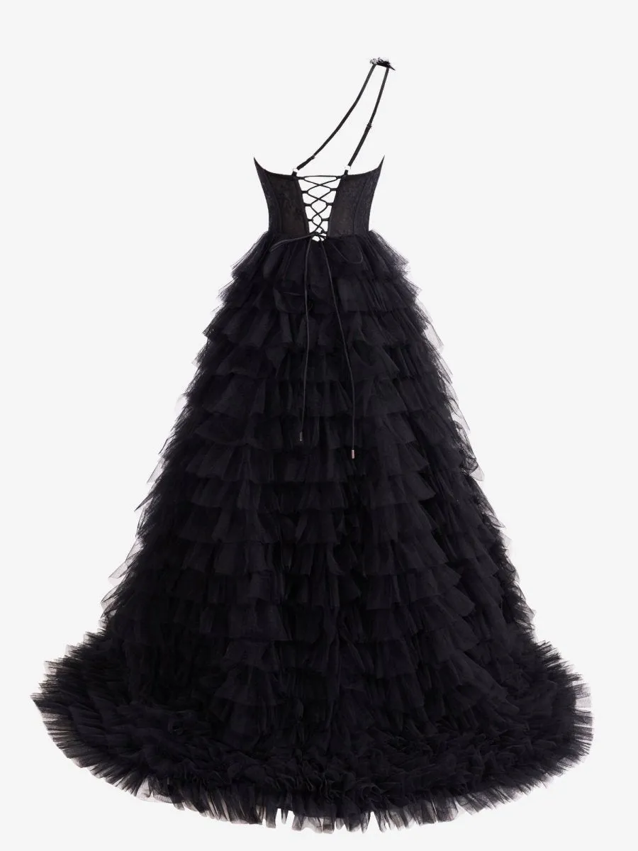 A-line One Shoulder Tie Long Prom Dresses