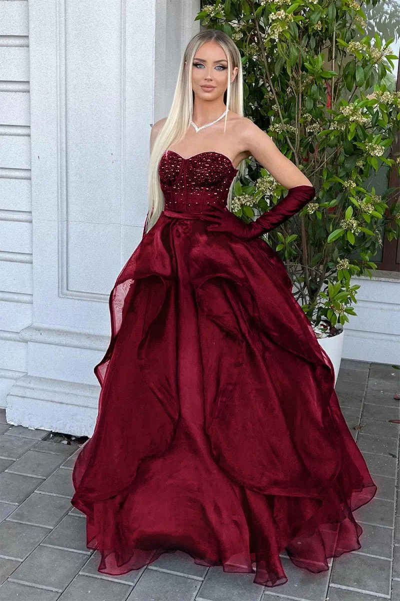 A-line Sweetheart Long Prom Dresses with Beading