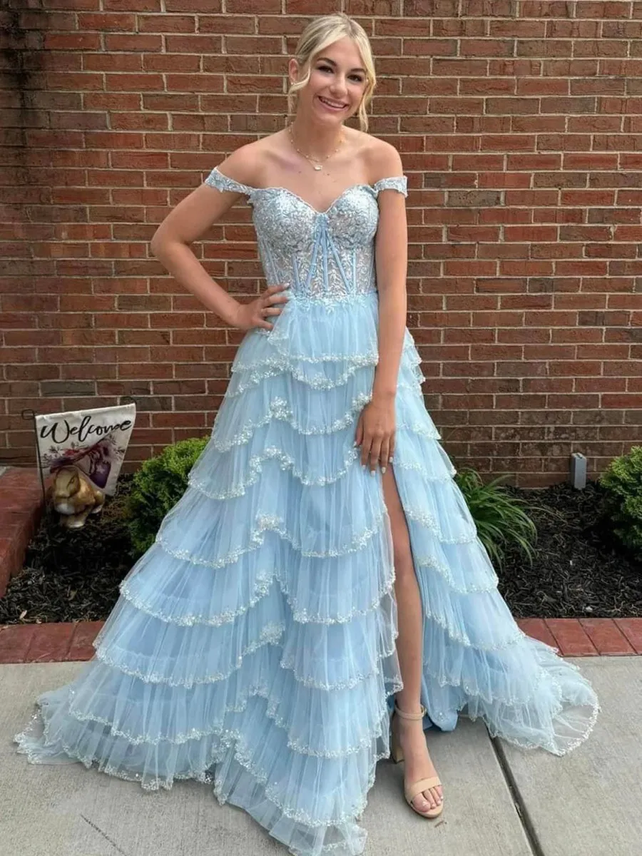 A-line Sweetheart Tulle Prom Dresses with Appliques