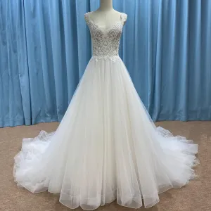 A-line Tank Top Vneck Wedding Dress with Tulle and Floral Lace