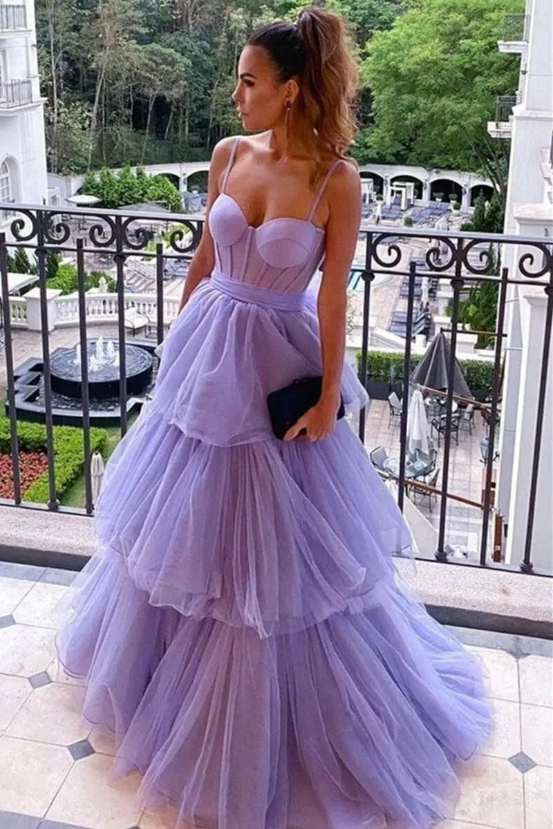 A-line Tie Ruffled Long Tulle Prom Dresses