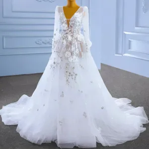 A-Line Tulle Appliques See Through Back Long Sleeve Wedding Dress