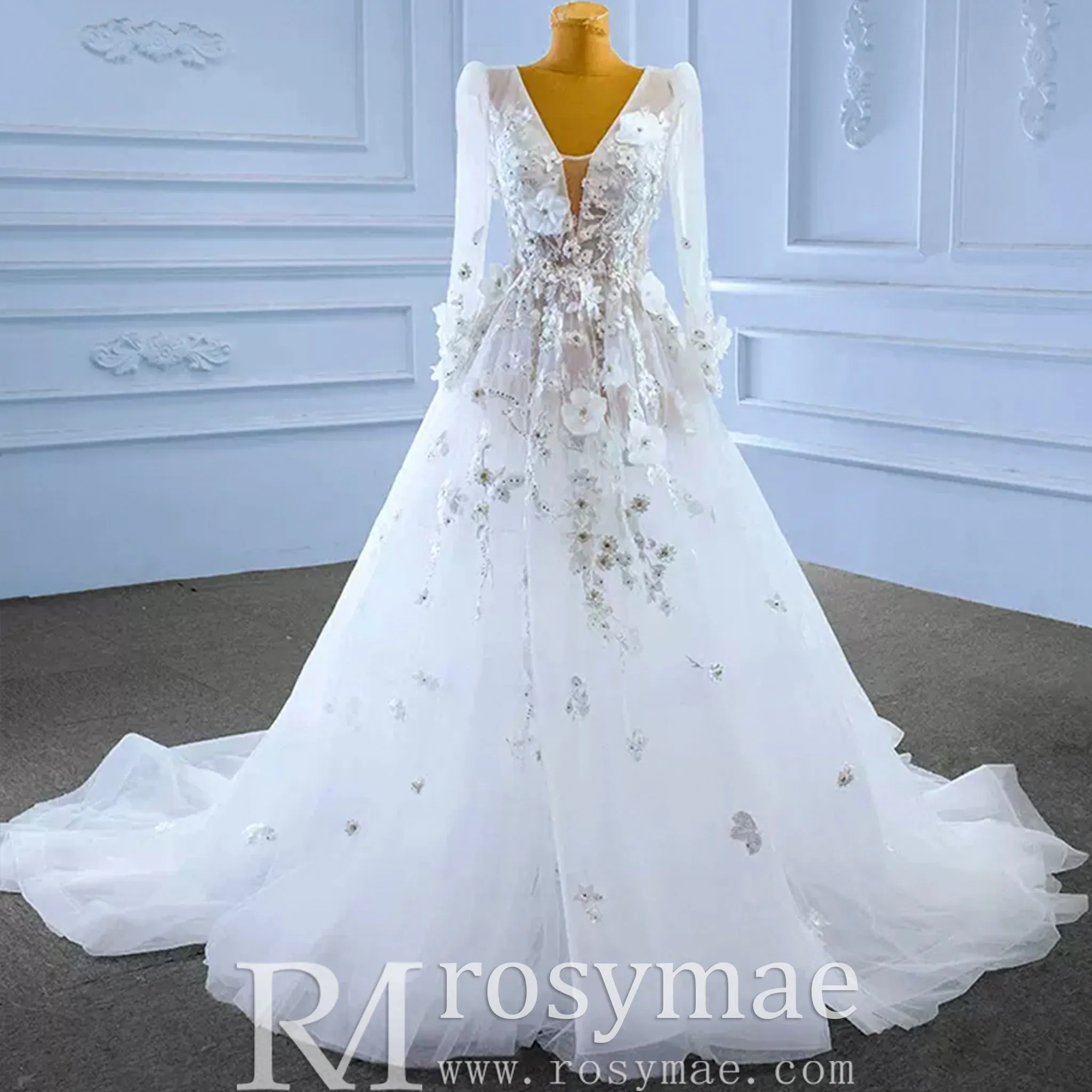 A-Line Tulle Appliques See Through Back Long Sleeve Wedding Dress