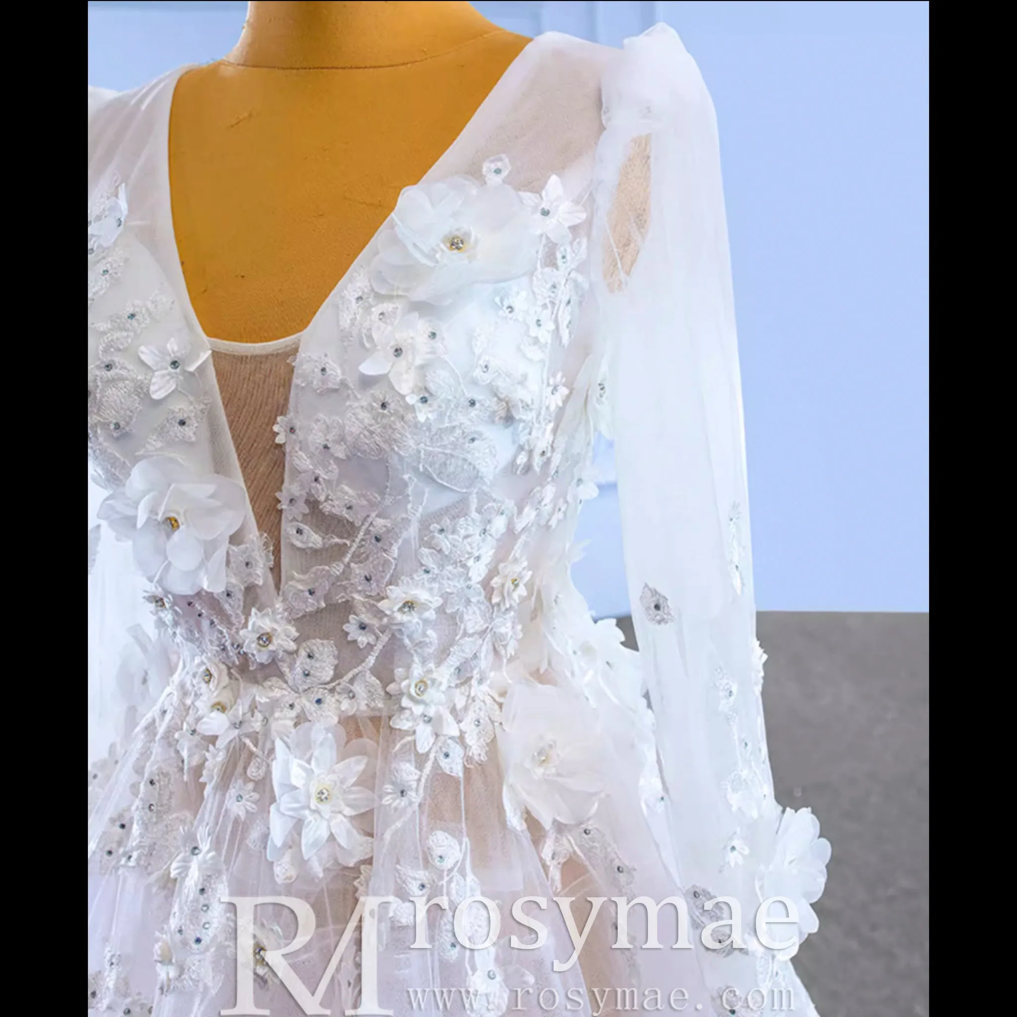 A-Line Tulle Appliques See Through Back Long Sleeve Wedding Dress