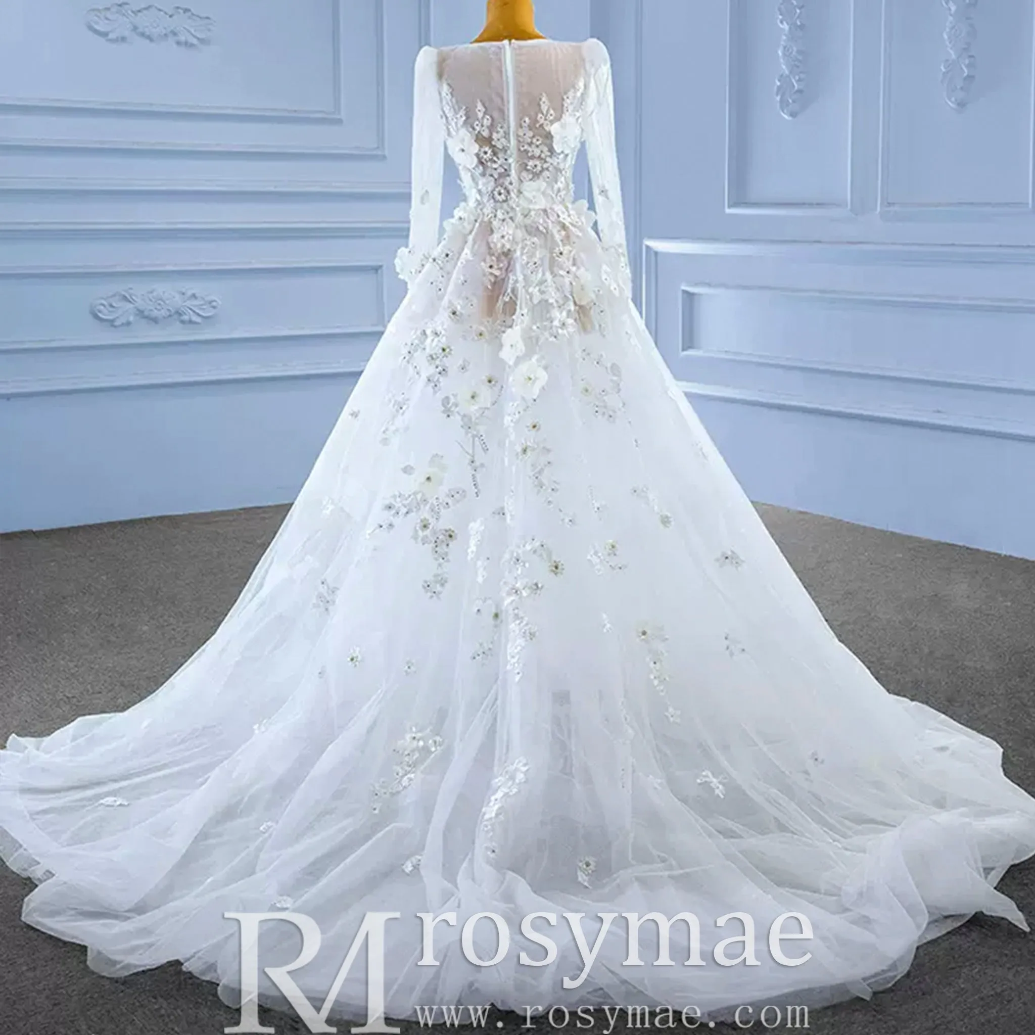 A-Line Tulle Appliques See Through Back Long Sleeve Wedding Dress