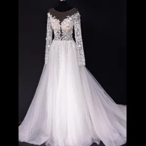 A-line Tulle Wedding Dress Bridal Gowns with Long Sheer Sleeves