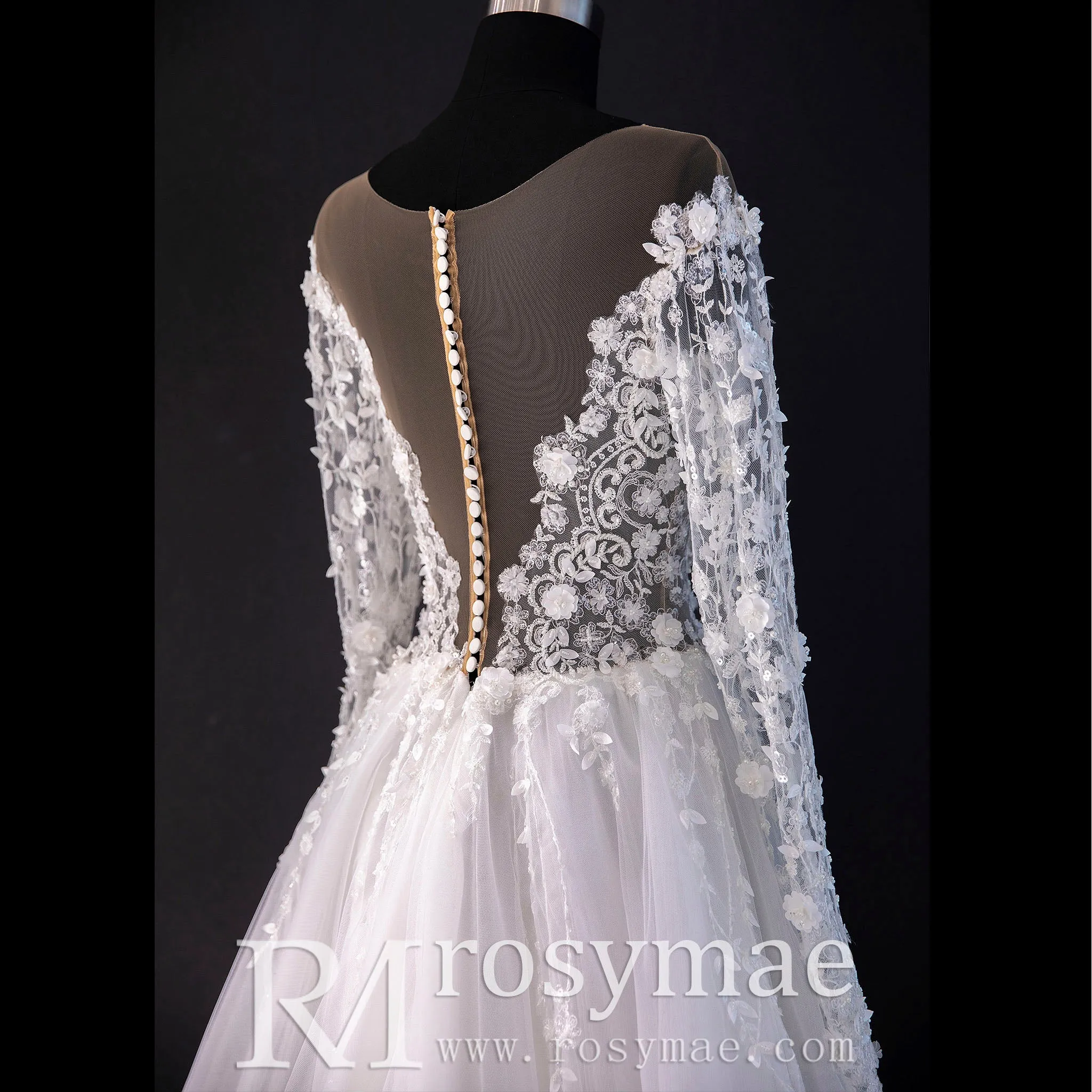 A-line Tulle Wedding Dress Bridal Gowns with Long Sheer Sleeves