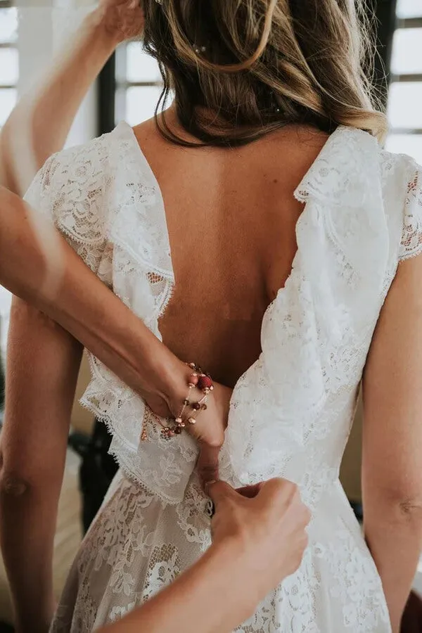 A-line V Back Lace Cap Sleeves Beach Wedding Dresses, Bridal Gowns, MW841
