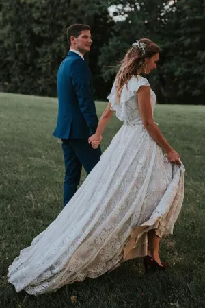 A-line V Back Lace Cap Sleeves Beach Wedding Dresses, Bridal Gowns, MW841