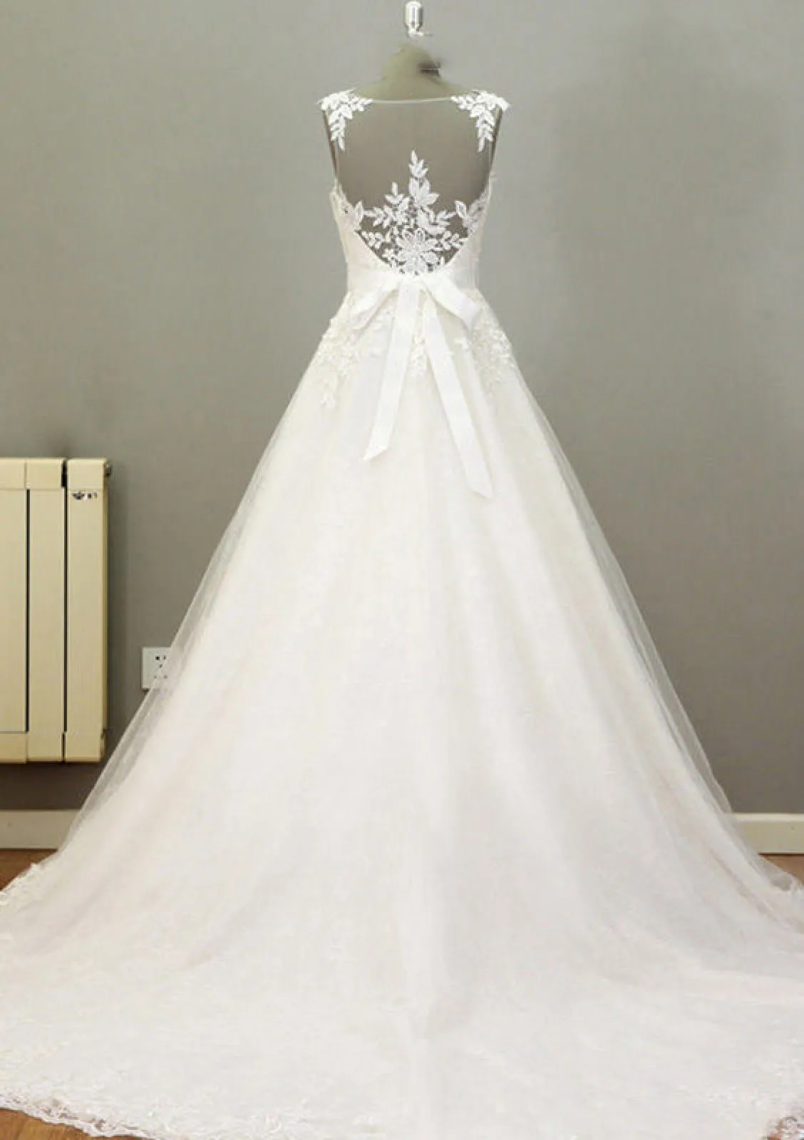 A-line V Neck Sleeveless Illusion Lace Tulle Wedding Dress, Sash