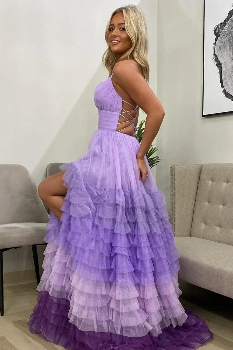 A-line V Neck Tulle Prom Dresses with Slit