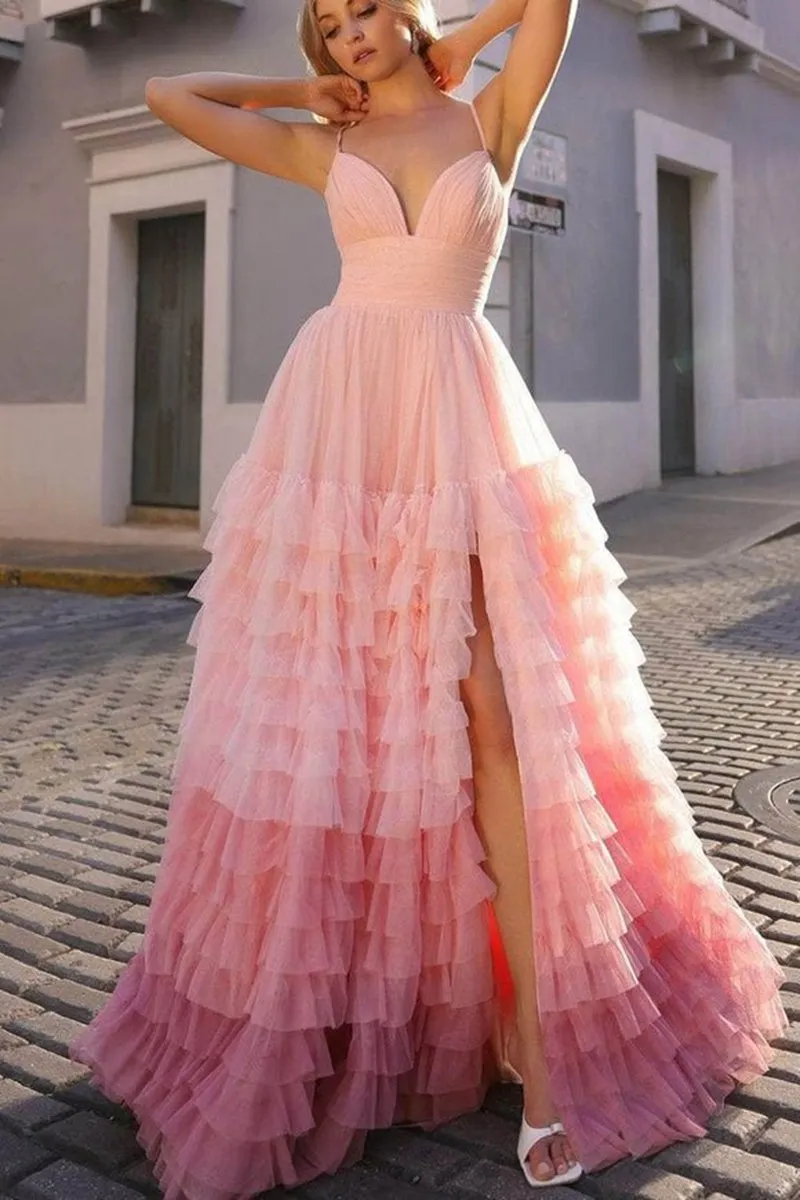 A-line V Neck Tulle Prom Dresses with Slit