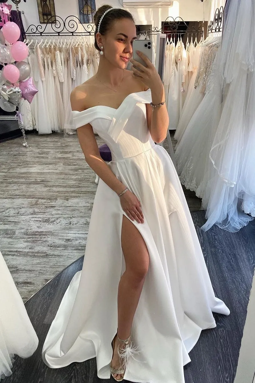 A-line White Informal Bridal Dresses with High Thigh Slit