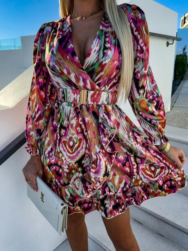 Abstract Print V-Neck Dress with Waist Belt and Ruffled Hem