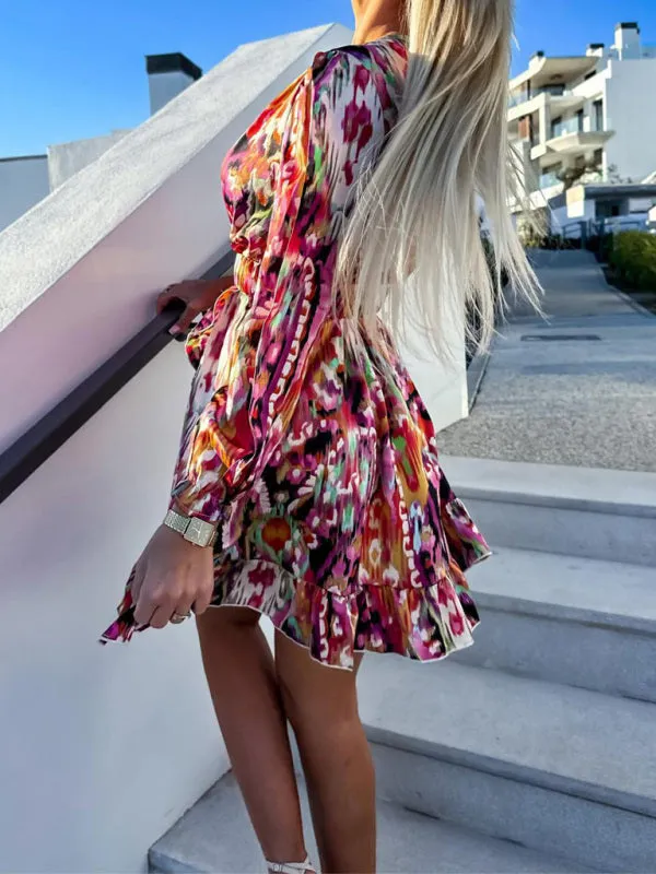 Abstract Print V-Neck Dress with Waist Belt and Ruffled Hem