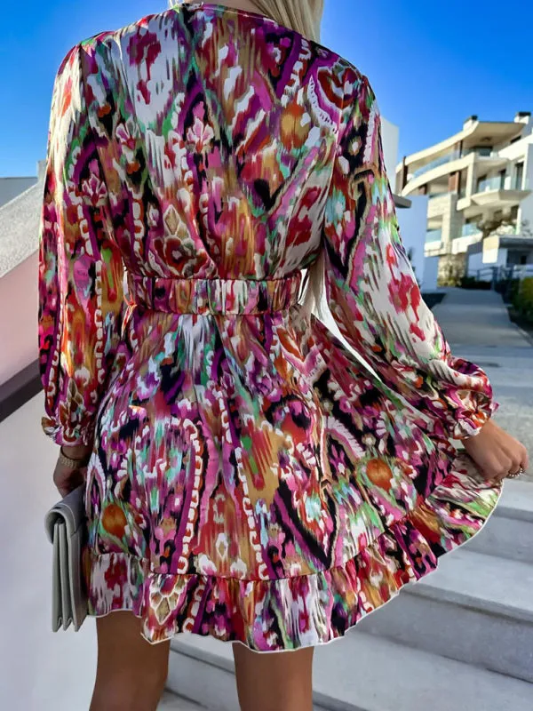 Abstract Print V-Neck Dress with Waist Belt and Ruffled Hem